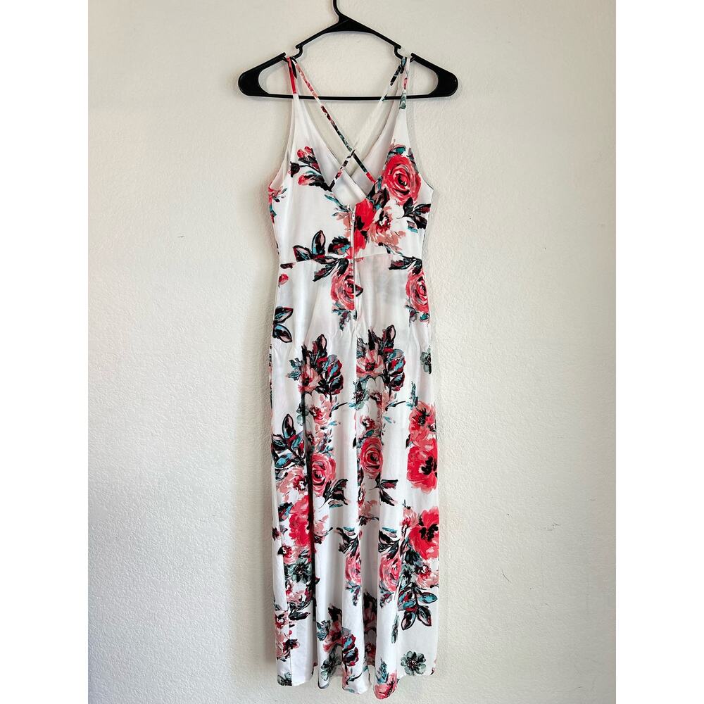Franchesca's Miami Floral Spaghetti Cross Back Romper Train Maxi Dress SZ Small - Picture 5 of 14